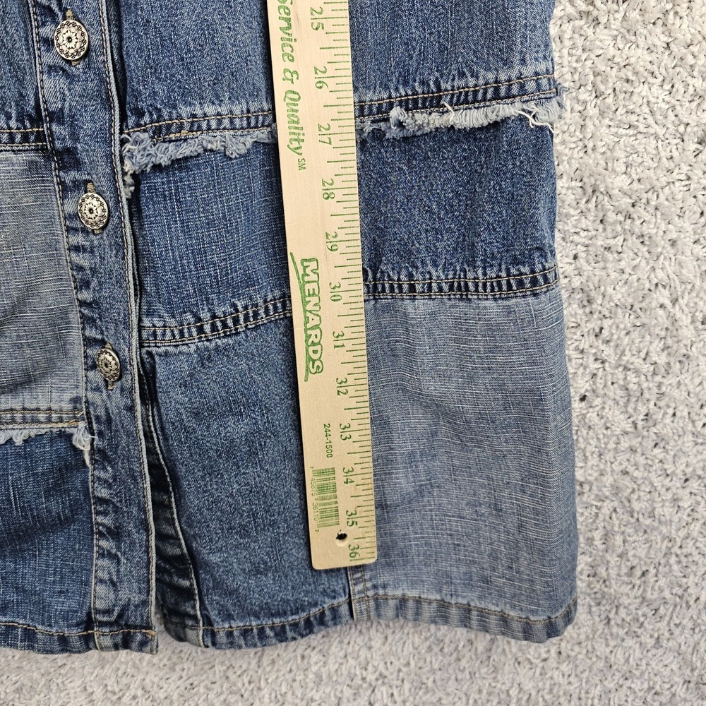 Vintage 90s Y2K Faded Glory Patchwork Flower Button Denim Skirt Boho Fringe Sz 3 - Picture 5 of 9